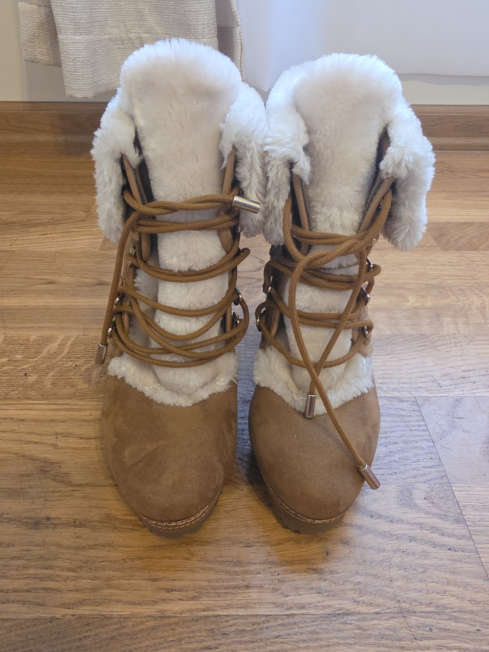 UNIONBAY Tan Faux Suede Winter Wedge Bootie with Faux Fur